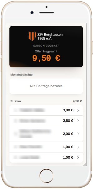 Kassenbuch-Webapp auf dem Smartphone: Übersicht der offenen Beträge pro Spieler mit Status der Monatsbeiträge